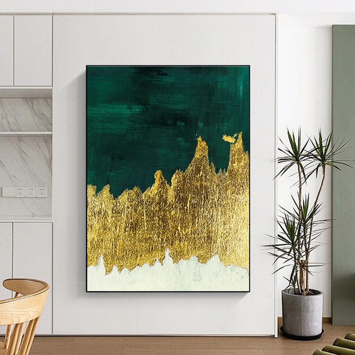 Dark Green & Gold Foil Abstract Art for Luxury Hotel Lobby & Art Deco Home DLZ1342