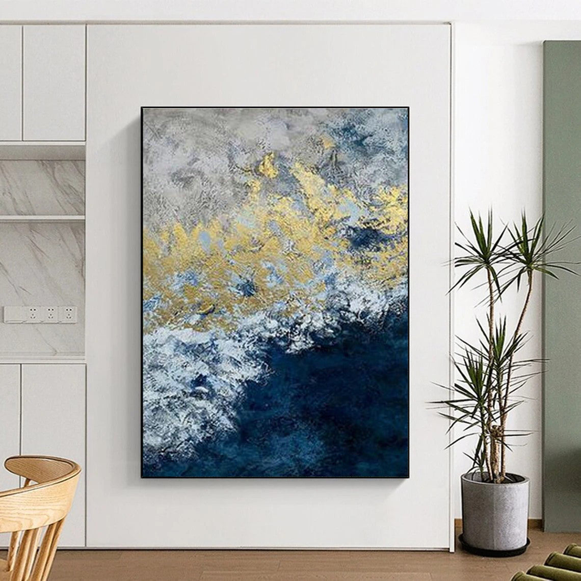 Gold and Blue Abstract Wave Art for Luxury Hotel Lobby & Art - Deco - style Lounge DLZ2249