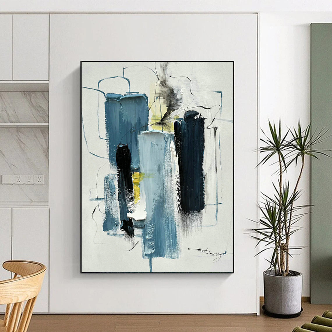 Blue, Black & White Abstract Art for Nautical - Themed Home Office & Minimalist Art Gallery DLZ0827