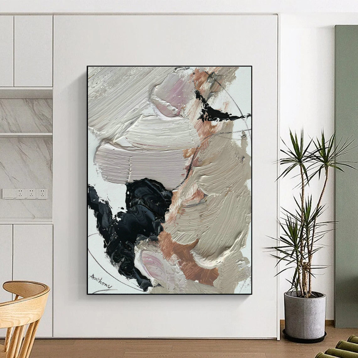 Beige, Black & Pink Abstract Art for Bohemian Bedroom & Chic Café DLZ0823