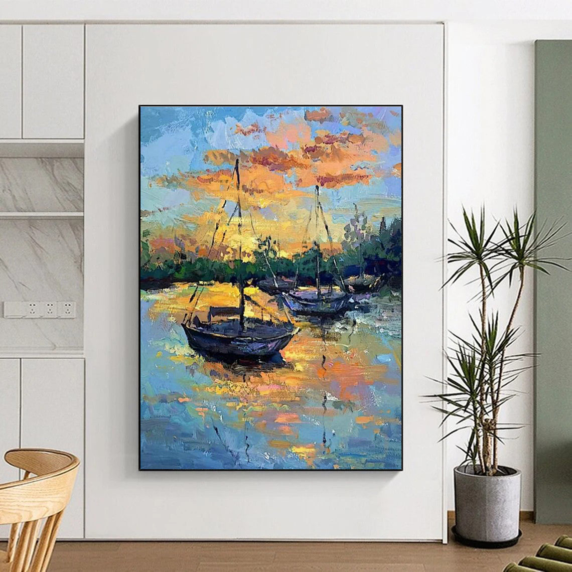 Sunset Sailboats Oil Art for Lakeside Home Dining Rooms & Porch - Facing Lounge Areas DLZ0294