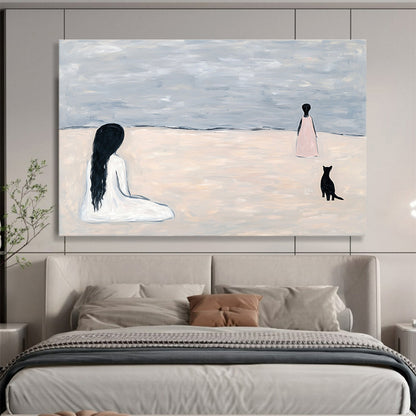 Figure and Cat on Beach Art for Coastal Home Bedroom & Intimate Reading Nook SC468