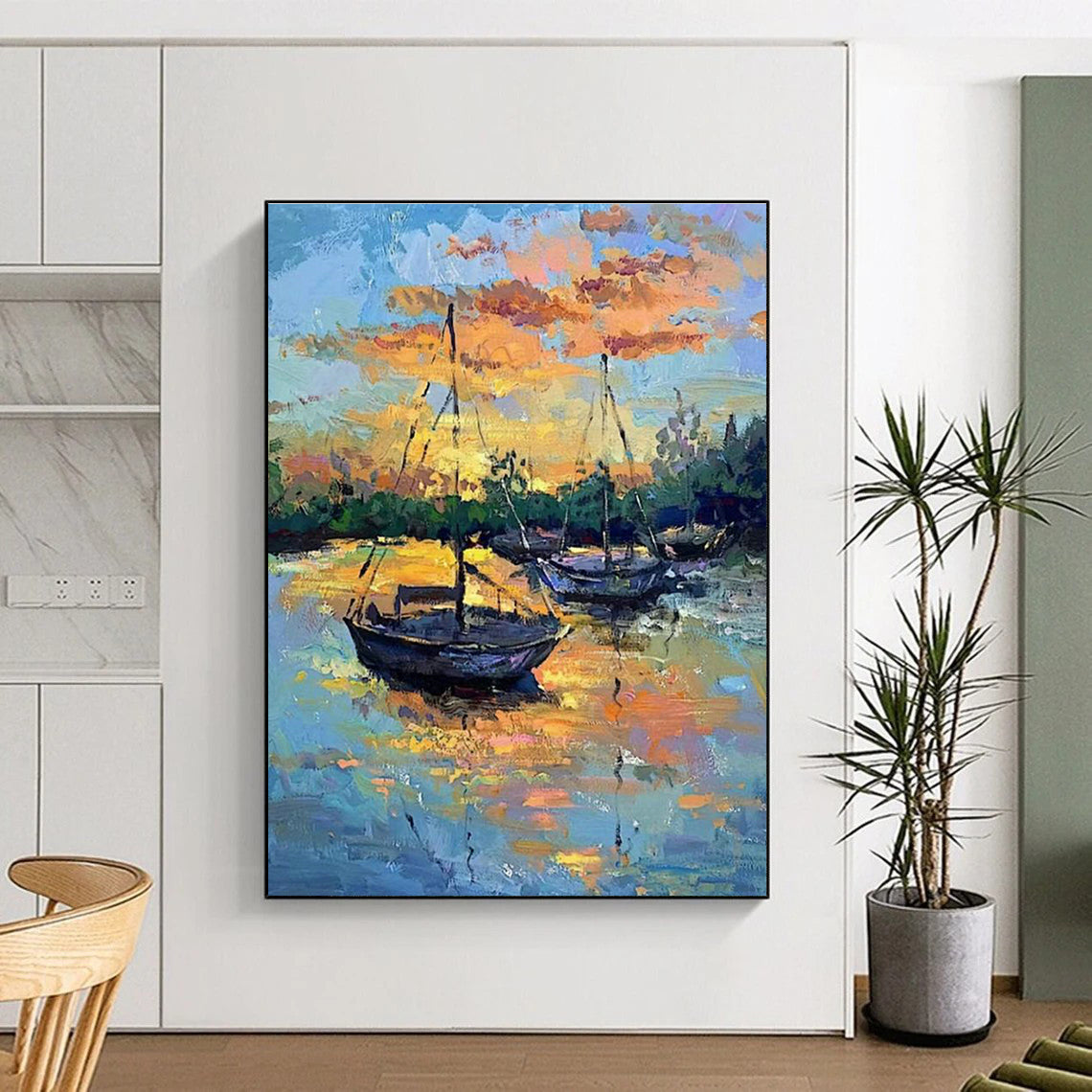 Sunset Sailboats Oil Art for Living Room & Cottages DLZ0321