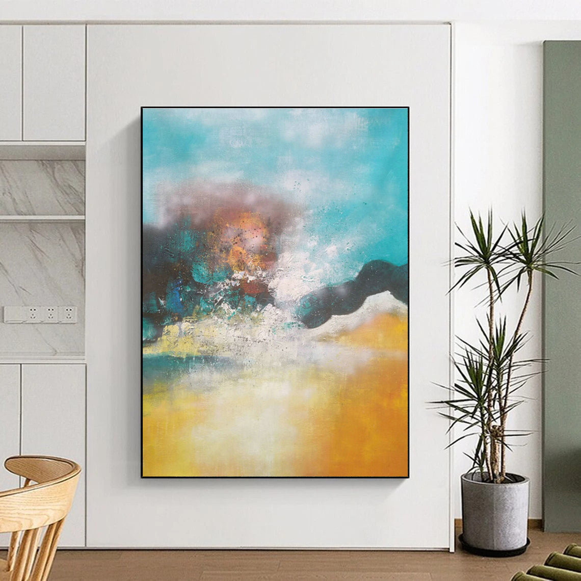 Blue - Yellow Hazy Abstract Art for Coastal Bedroom & Relaxing Spa DLZ0771