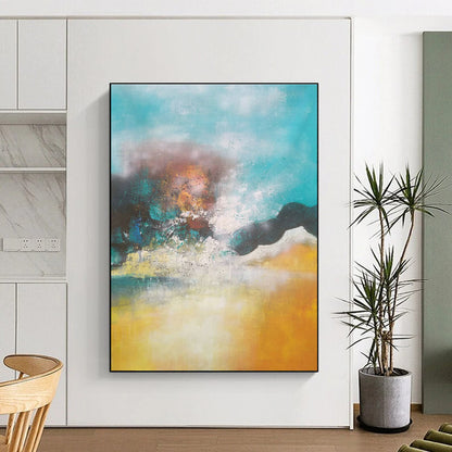 Blue - Yellow Hazy Abstract Art for Coastal Bedroom & Relaxing Spa DLZ0771