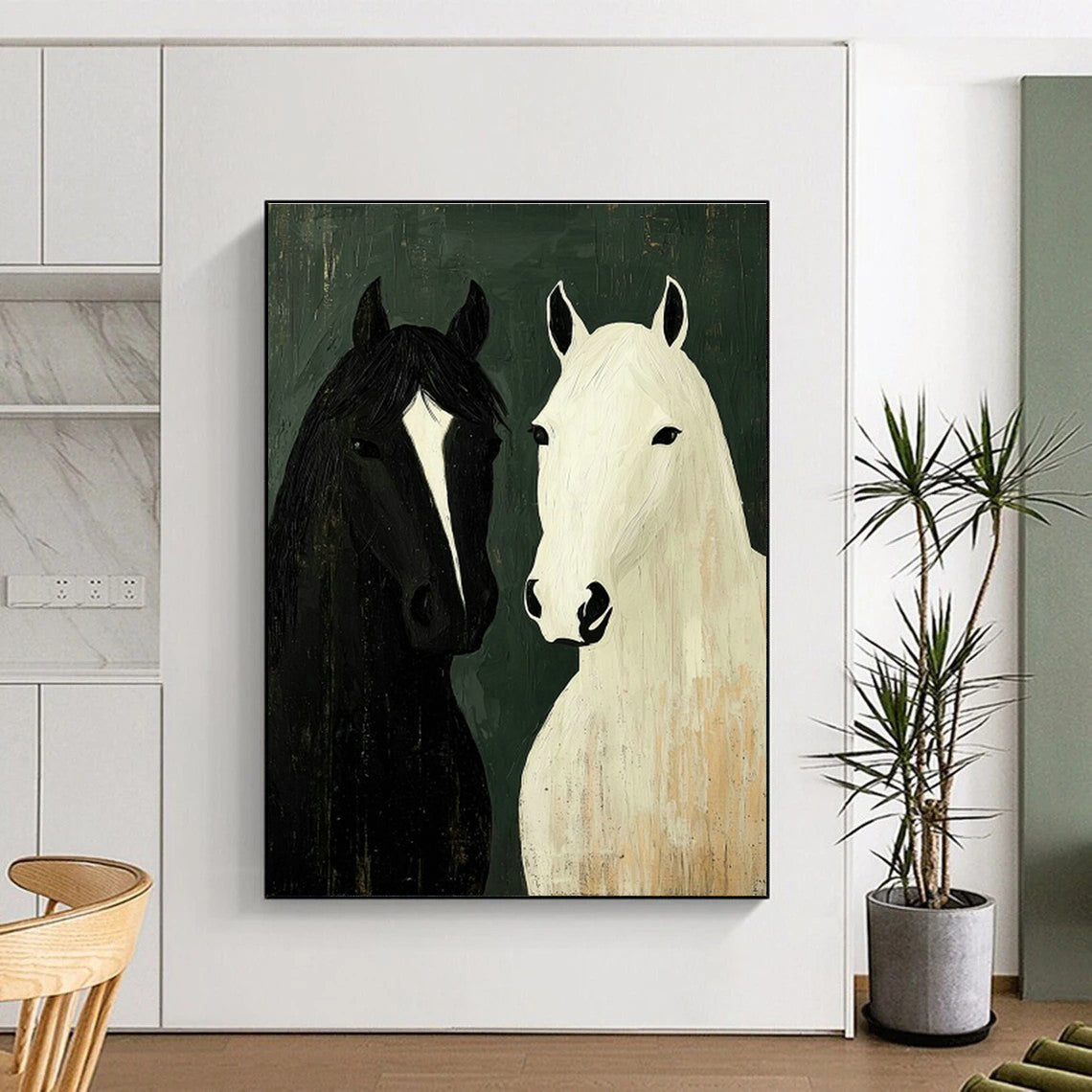 Black and White Horses Art for Rustic Farmhouse Living Room & Equestrian Club Lounge DLZ1010