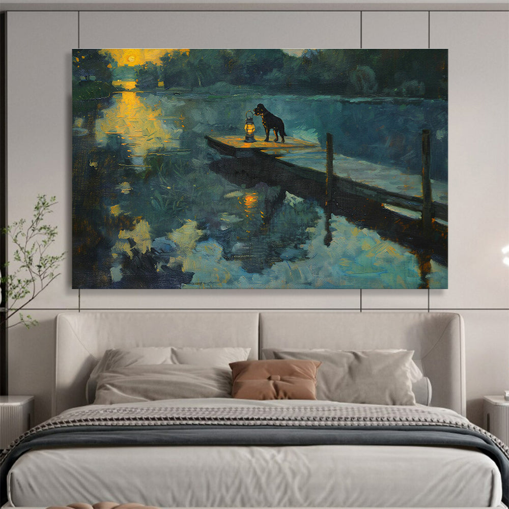 Lakeside Dog & Lantern Oil Painting for Rustic Cabin Living Rooms DLZ2605