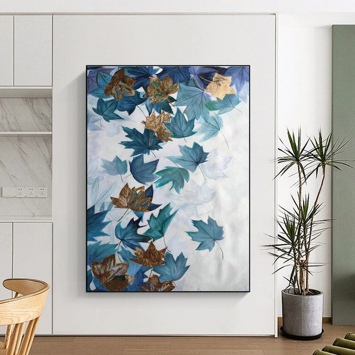 Blue - Gold Maple Leaf Abstract Art for Autumn - Themed Café & Nature - Lover’s Home DLZ0774