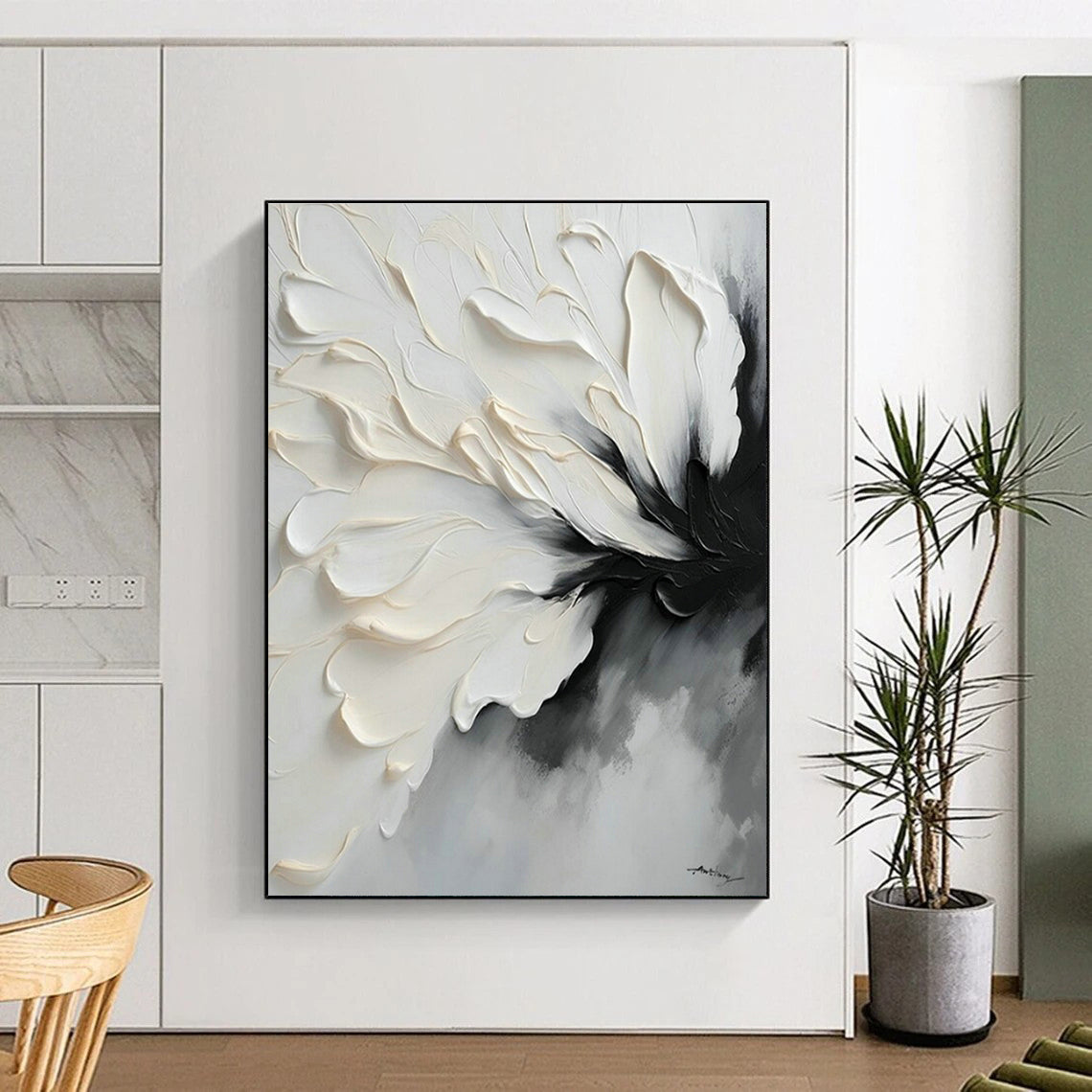 White - Black Flower Abstract Art for Art Studio & Modern Bedroom DLZ1648