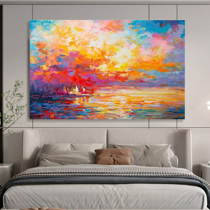 Vivid Sunset Lake View Abstract Art for Cozy Living Room DLZ2793