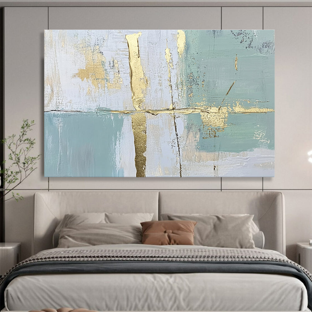 Light Blue & Gold Abstract Art for Coastal Home Office & Serene Yoga Studio SC326