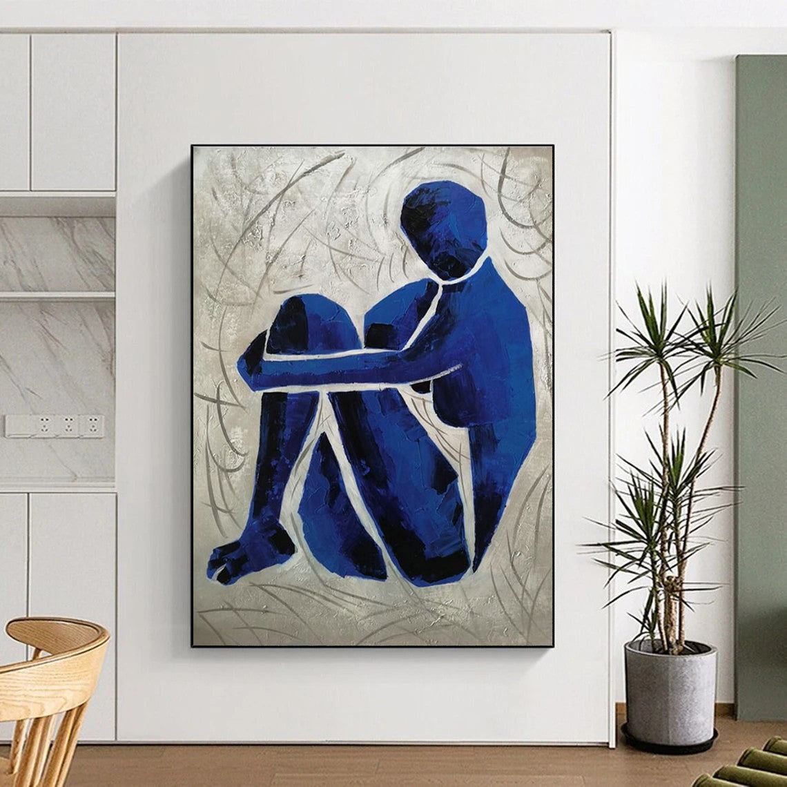 Contemplative Blue Figure Art for Therapy Space & Thoughtful Library DLZ2269