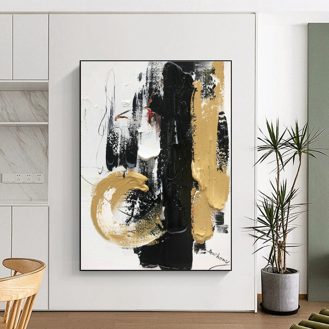 Black, White & Gold Abstract Art for Luxury Hotel Lobby & Sophisticated Home Office DLZ0820
