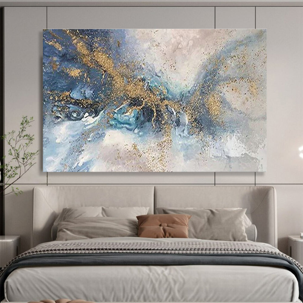 Blue - Gold Splash Abstract Art for Luxury Hotel Lobby Statement Walls DLZ3277