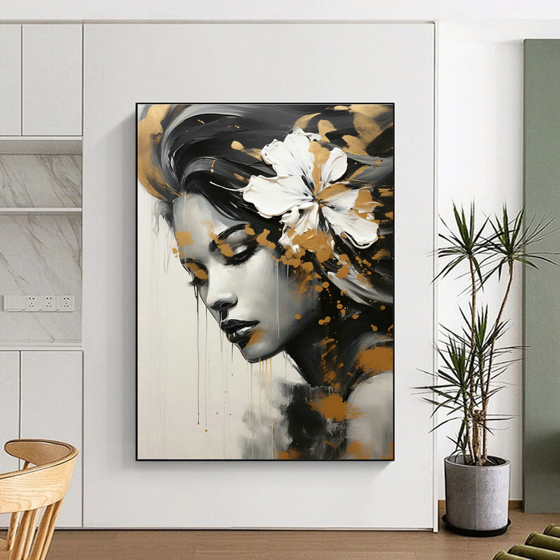 Gold - White Flower Female Portrait for Luxury Beauty Salon & Art - Inspired Home DLZ1822