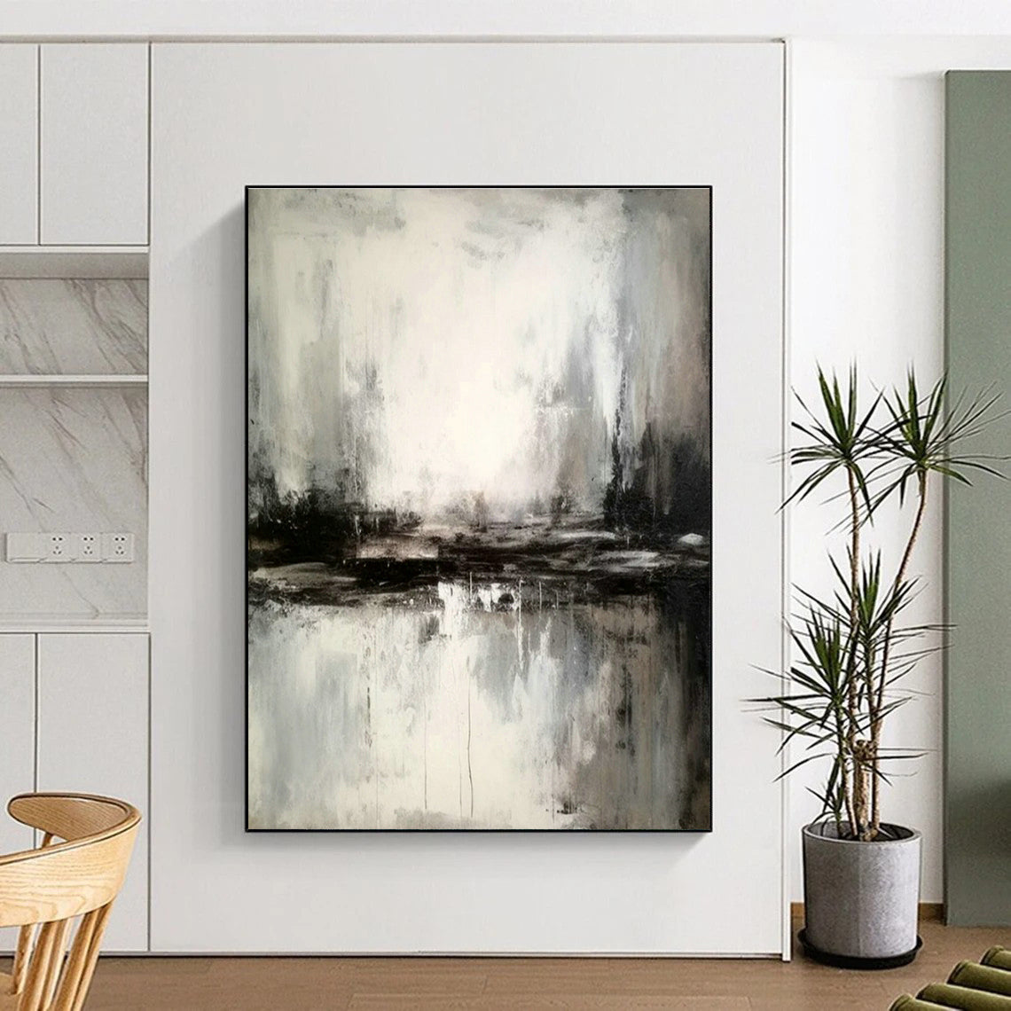 Black - White - Gray Reflection Abstract Art for Minimalist Home & Art Gallery Lounge DLZ1815
