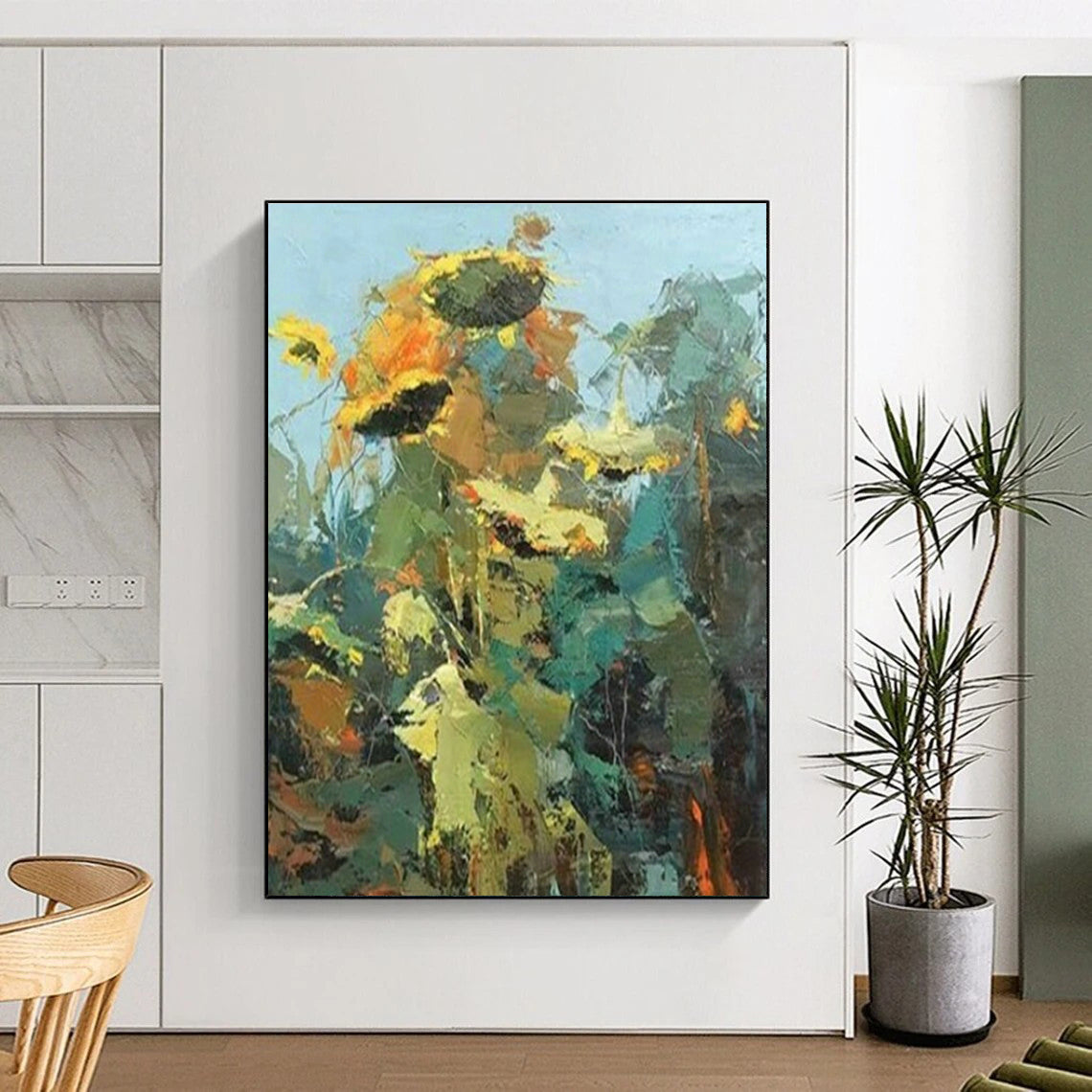 Impressionistic Sunflower Landscape Oil Painting for Countryside Café & Rustic Home Dining Room DLZ1611
