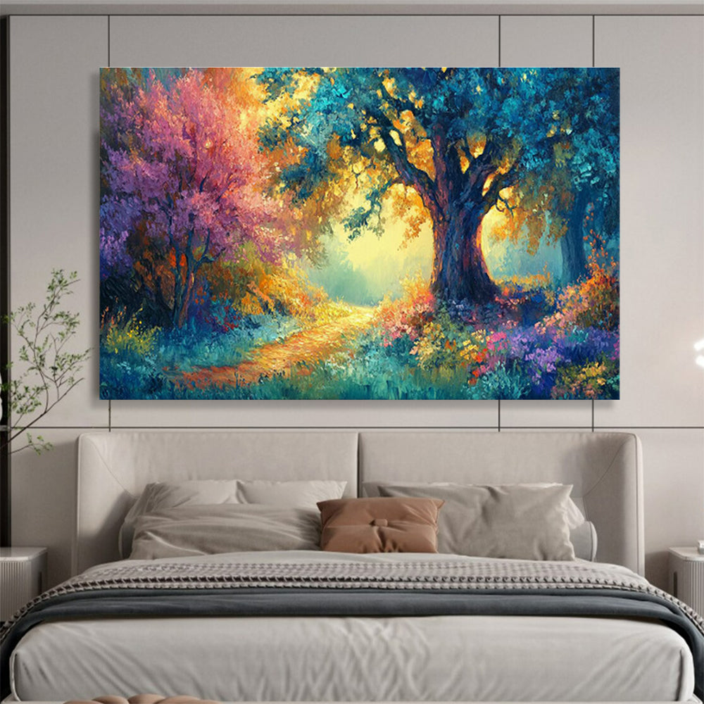 Enchanted Forest Path with Colorful Trees Art for Whimsical Children’s Playrooms DLZ3081
