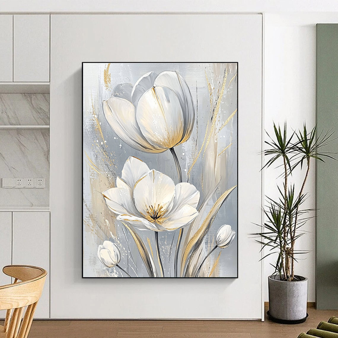 White Tulips with Gold Elegant Floral Art for Luxury Hotel Suite & Sophisticated Home Dining Room STSC1480