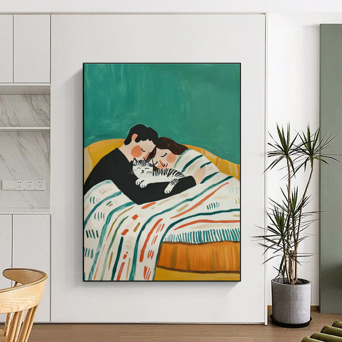 Couple with Cat on Green Sofa Art for Pet - Friendly Home & Cozy Café DLZ0699