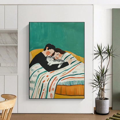 Couple with Cat on Green Sofa Art for Pet - Friendly Home & Cozy Café DLZ0699