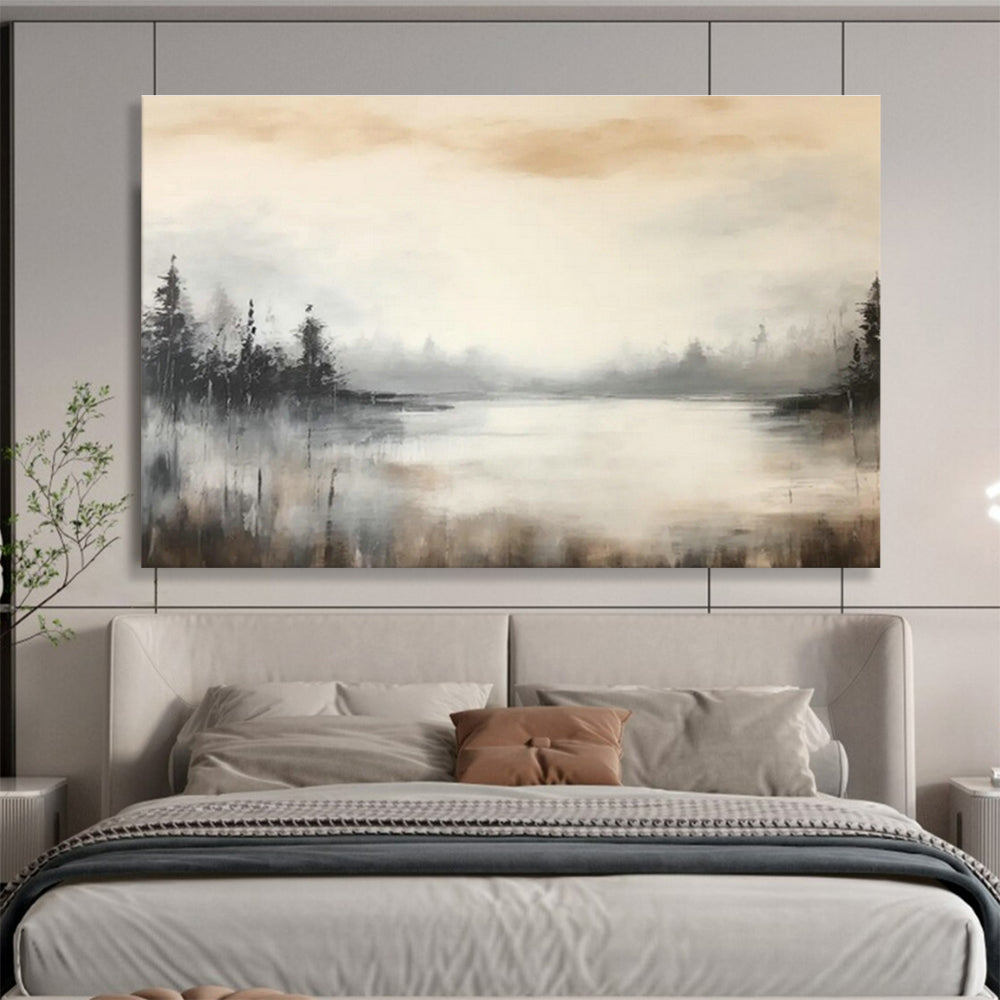 Misty Forest Lake Abstract Art for Serene Bedroom Retreat DLZ2713