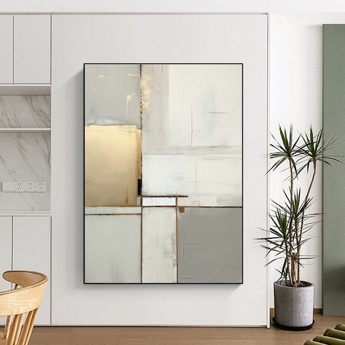 Gray - White - Gold Blocks Abstract Art for Office & Luxury Home DLZ0586