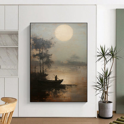 Moonlit Boat Oil Painting for Coastal Bedroom & Zen Meditation Space DLZ0851