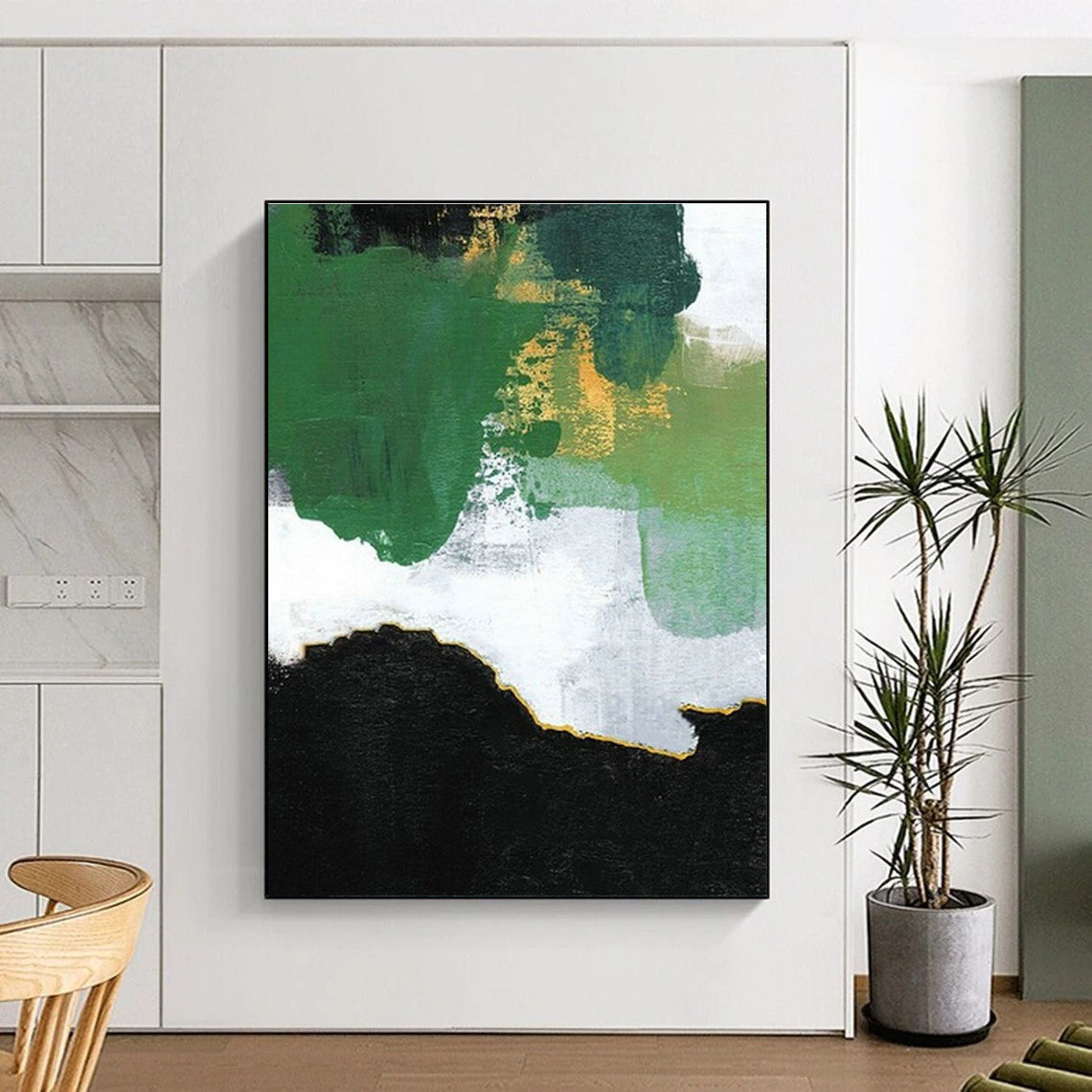 Green - Gold - White Block Abstract Art for Modern Living Room & Art - Centric Café DLZ1229