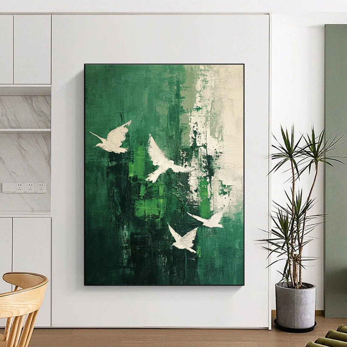 Dark Green & White Doves Abstract Art for Nature - Inspired Home & Yoga Studio DLZ1318