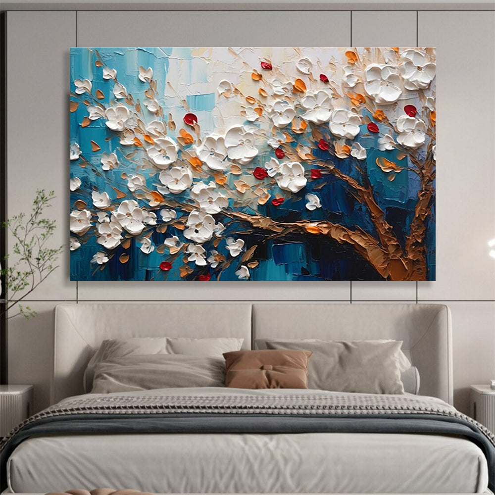 Blue - Background White Flower Tree Art for Coastal Café Outdoor Seating Walls DLZ3272