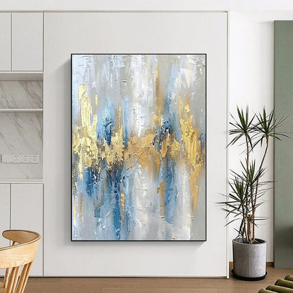 Gray - White - Blue - Gold Abstract Art for Mountain Chalet & Contemporary Hotel Suite DLZ1908