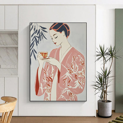 Woman in Pink Kimono Art for Japanese - Inspired Tea House & Minimalist Living Room STSC1314