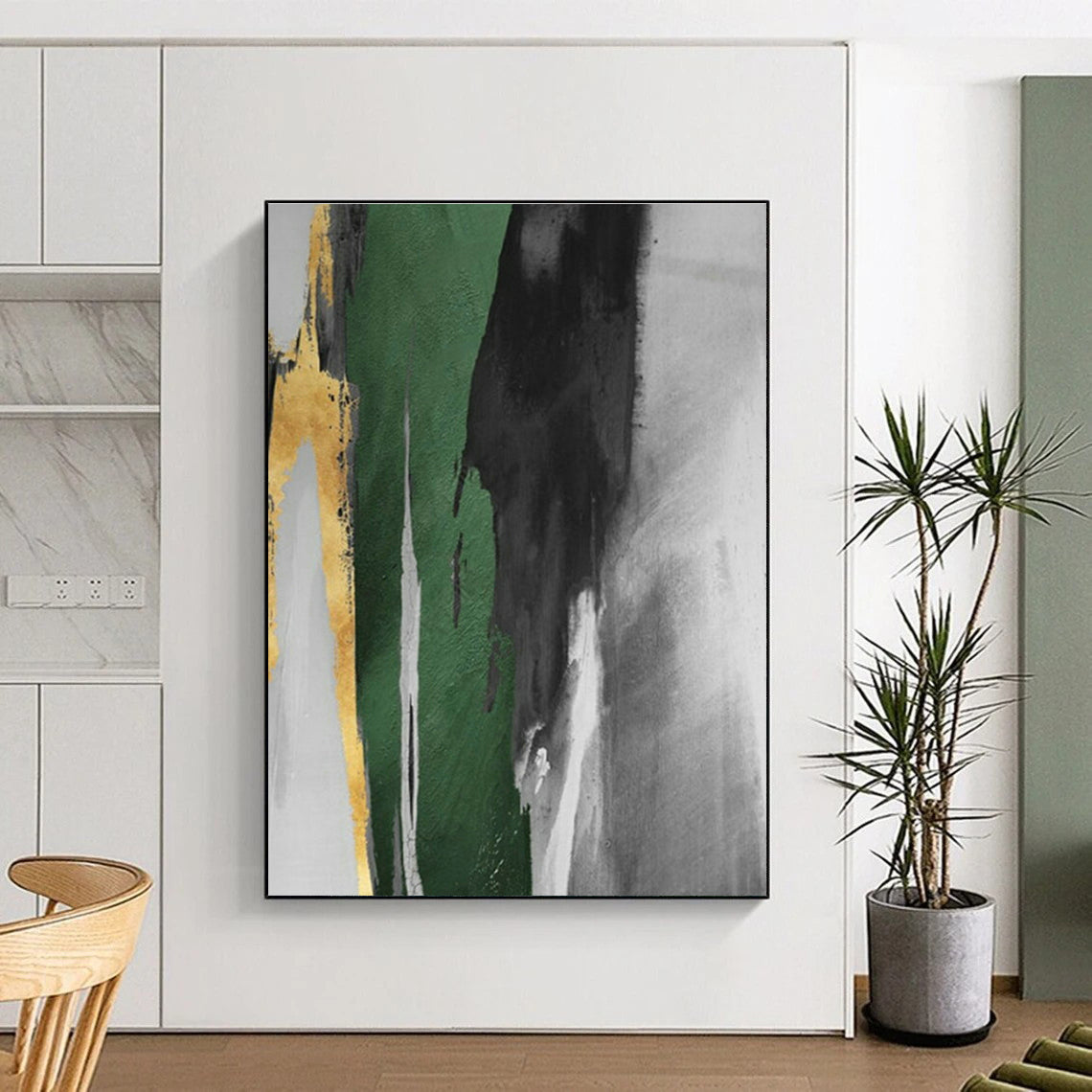 Gold - Green Abstract Strokes Art for Luxury Hotel Lobby & Modern Home Office DLZ1482