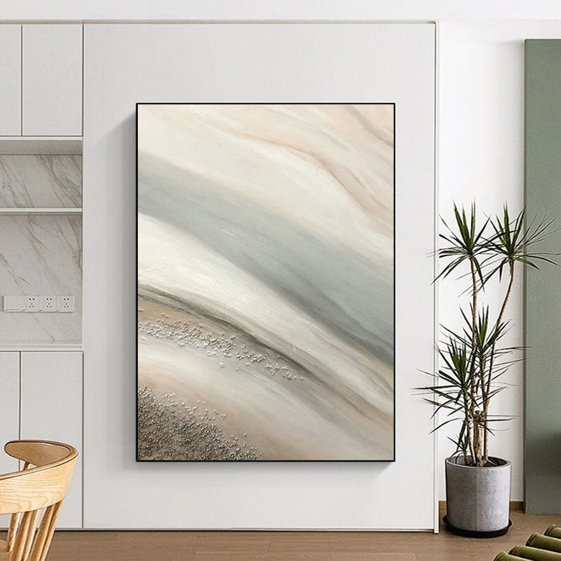 Beige - Gray - Silver Wave Abstract Art for Coastal Home & Boutique Café DLZ1222
