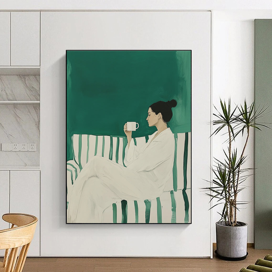 Woman with Coffee Minimalist Portrait Art for Cozy Home Living Room & Relaxing Home Café STSC1494