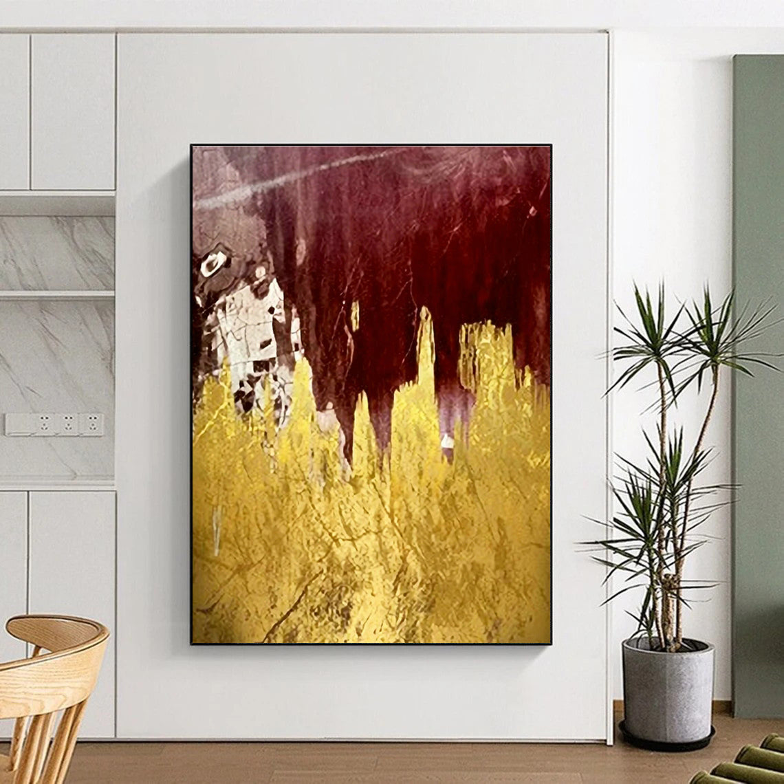 Burgundy & Gold Foil Abstract Art for Upscale Restaurant & Bohemian - Chic Bedroom DLZ1343