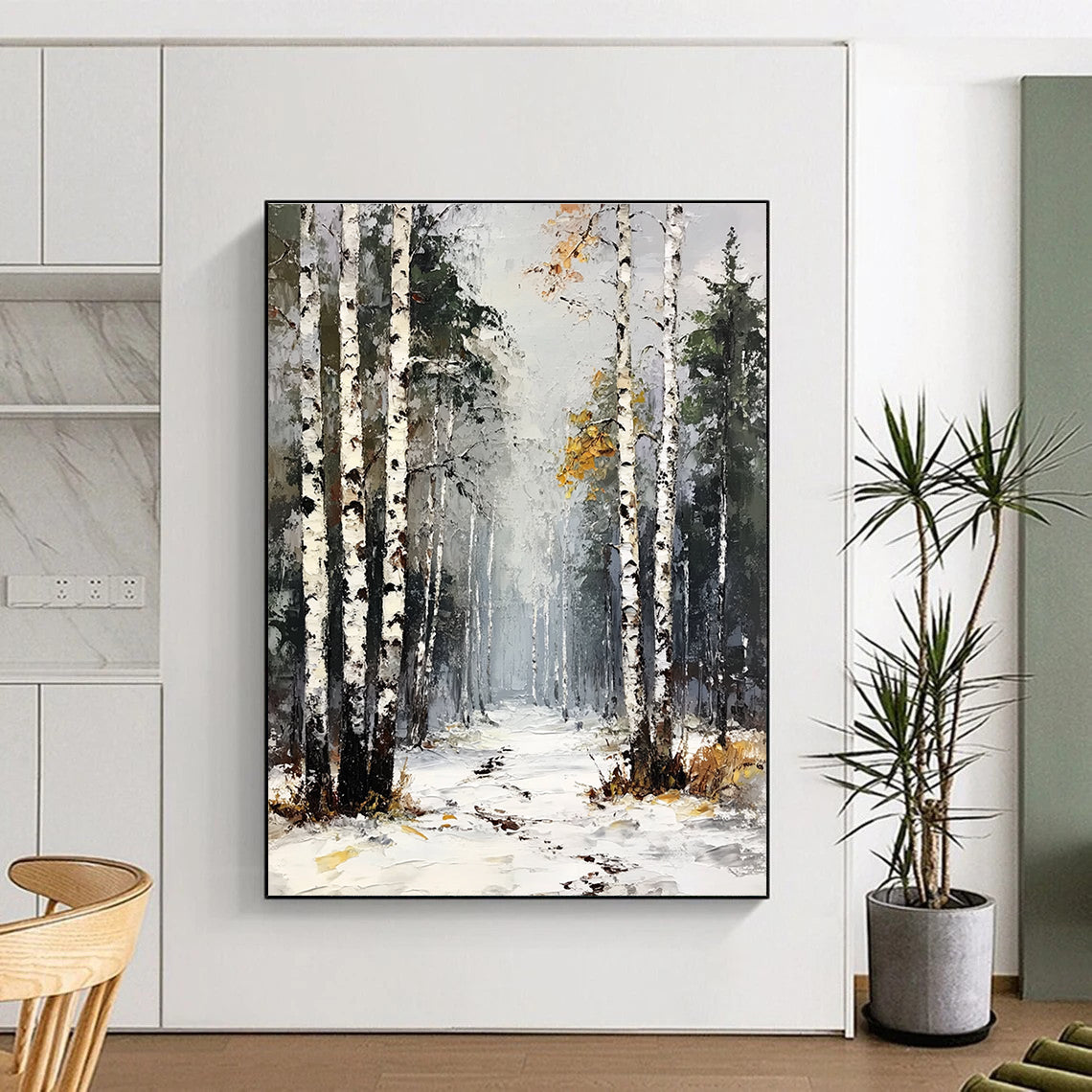 Snowy Birch Forest Path 3 Art for Mountain Chalet & Nature - Inspired Living Room STSC1386