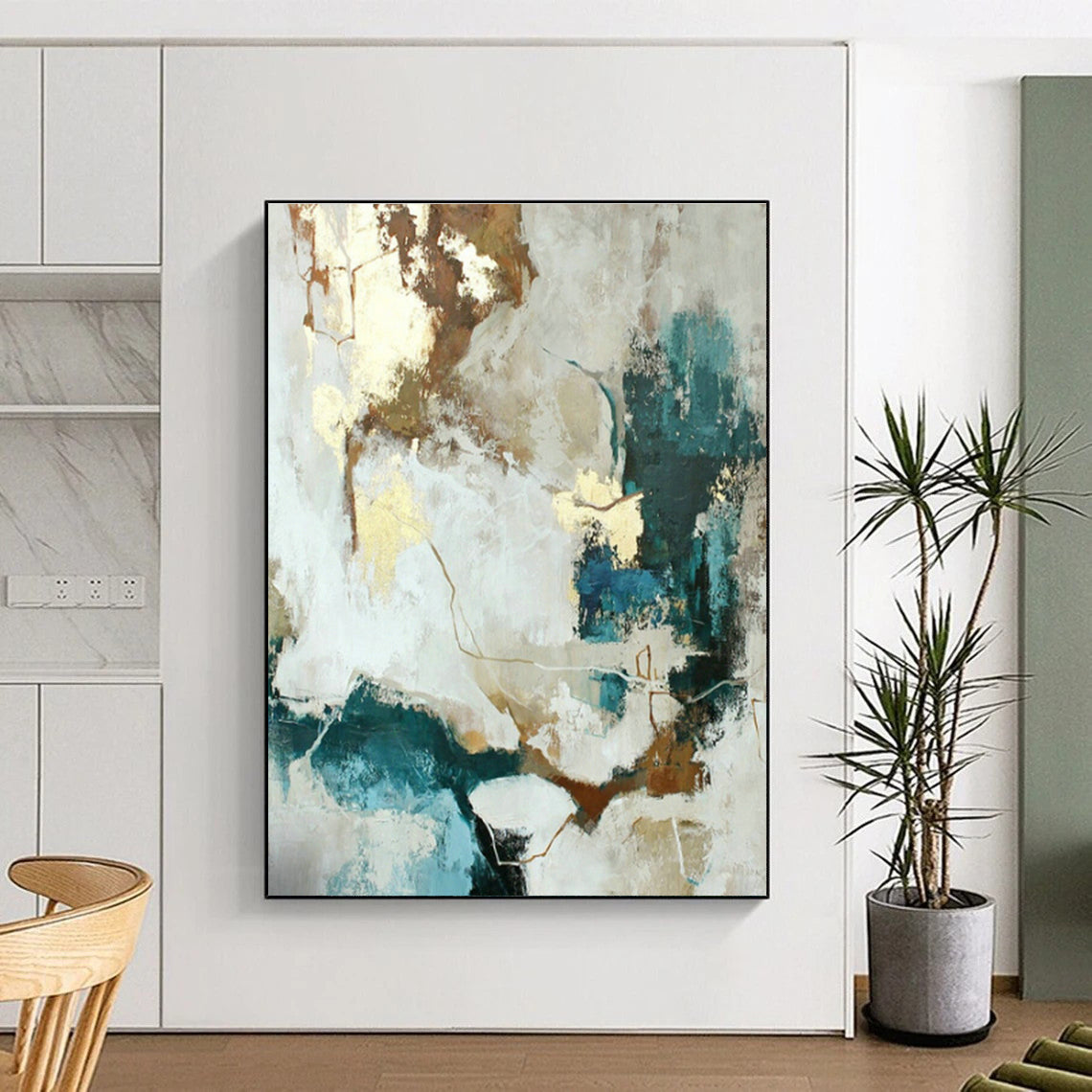 Modern White - Gold - Teal Abstract Art for Living Room & Dining Room DLZ0397