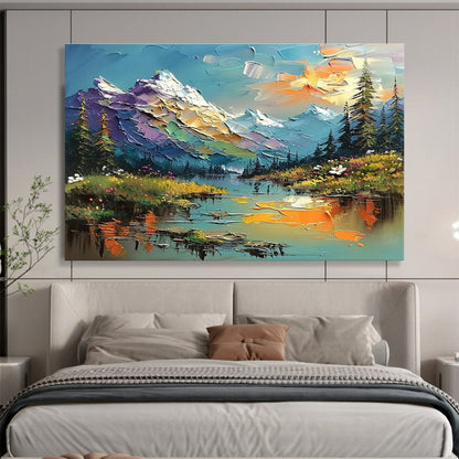 Mountain Lake Palette Knife Art for Adventure - Themed Hotel Lobby Displays DLZ3210