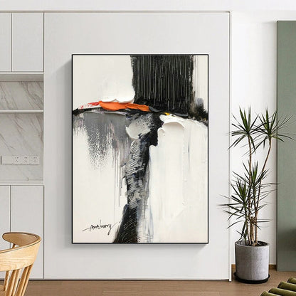 Black - White - Orange Abstract Art for Art Gallery Pop - Up & Trendy Restaurant Dining Area DLZ1673