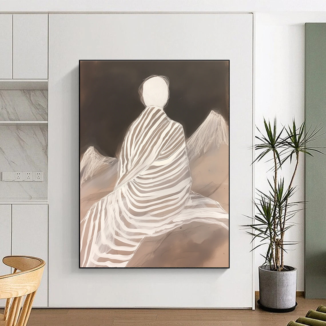 White - Clad Figure with Stripes for Zen Meditation Room & Contemporary Home Library STSC1292