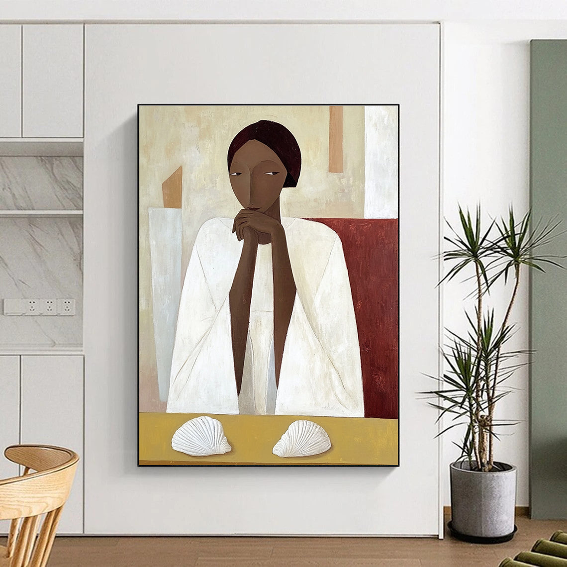 Woman in White with Shells Art for Coastal Home & Serene Meditation Room STSC1115