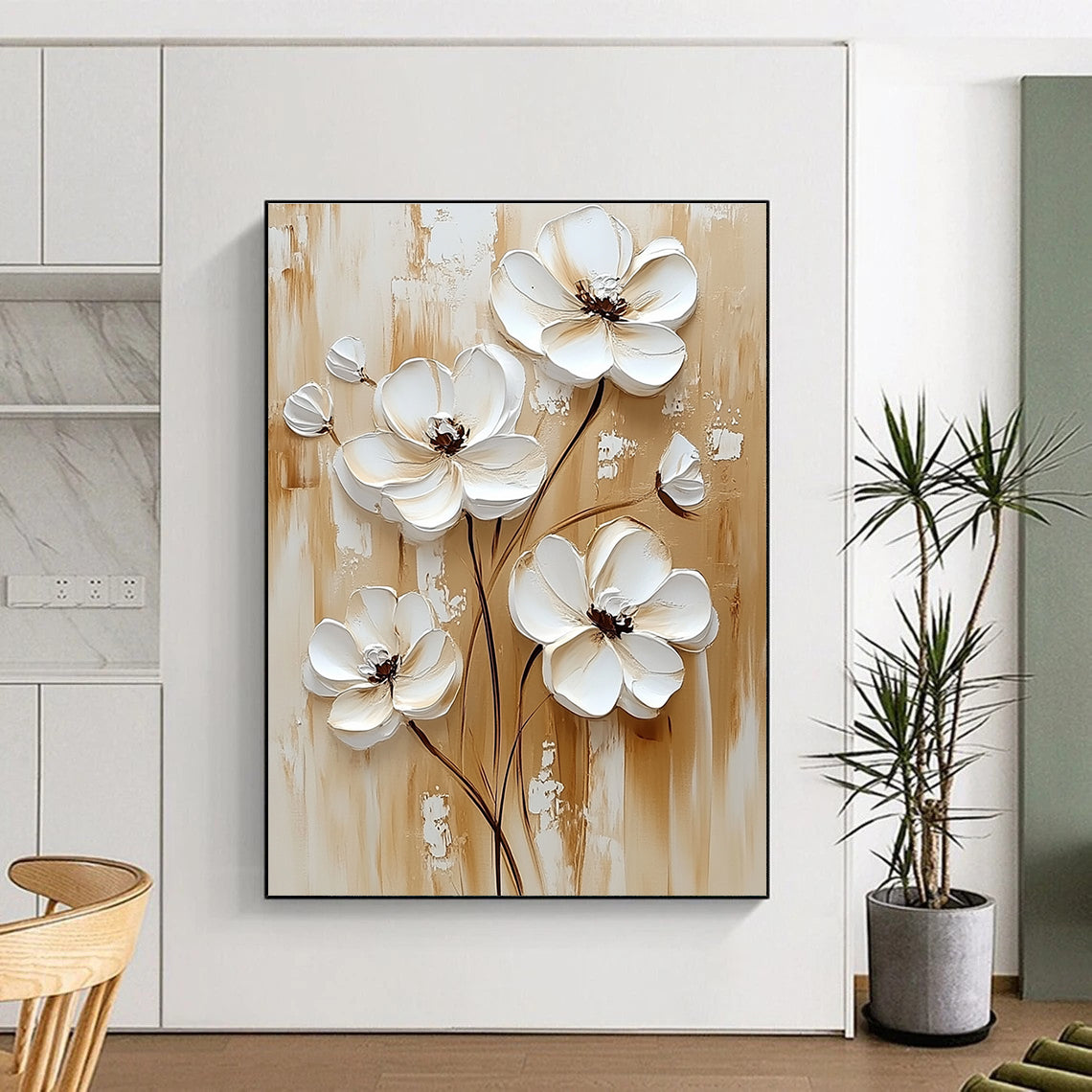 3D White Flowers on Wood Rustic Floral Art for Farmhouse - Style Kitchen & Cozy Home Porch STSC1479