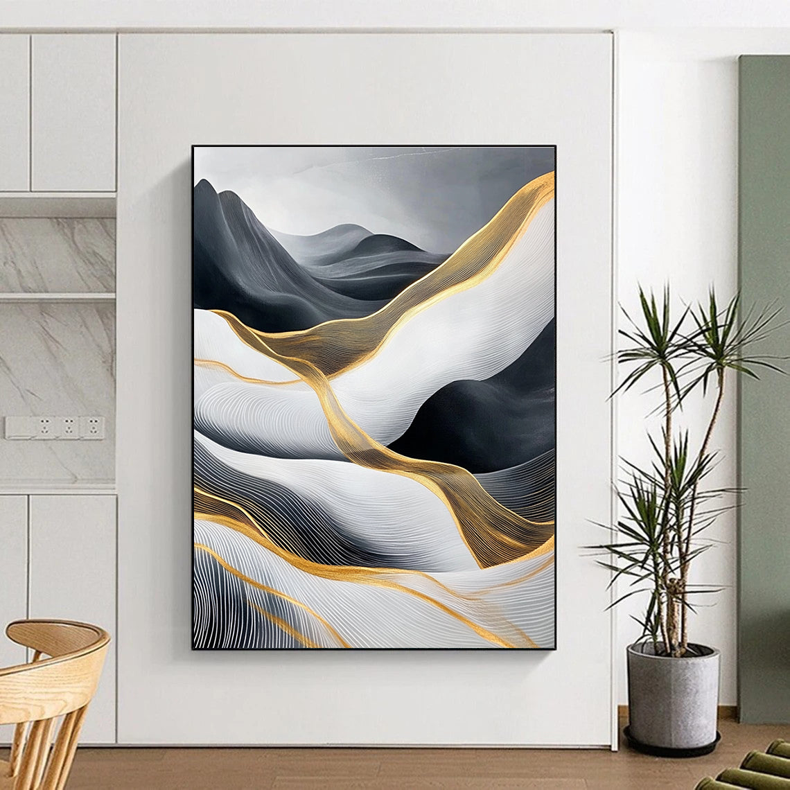 Black, White, and Gold Abstract Waves for Opulent Living Room & High - End Hotel Lobby STSC358