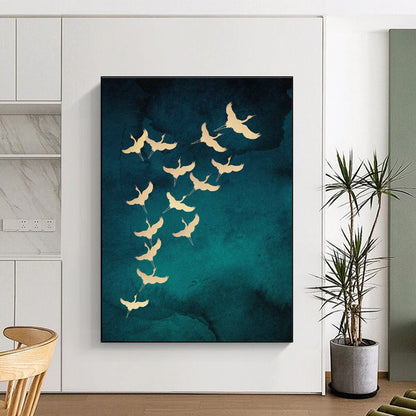 Golden Cranes in Flight Art for Living Room & Bedroom DLZ0389