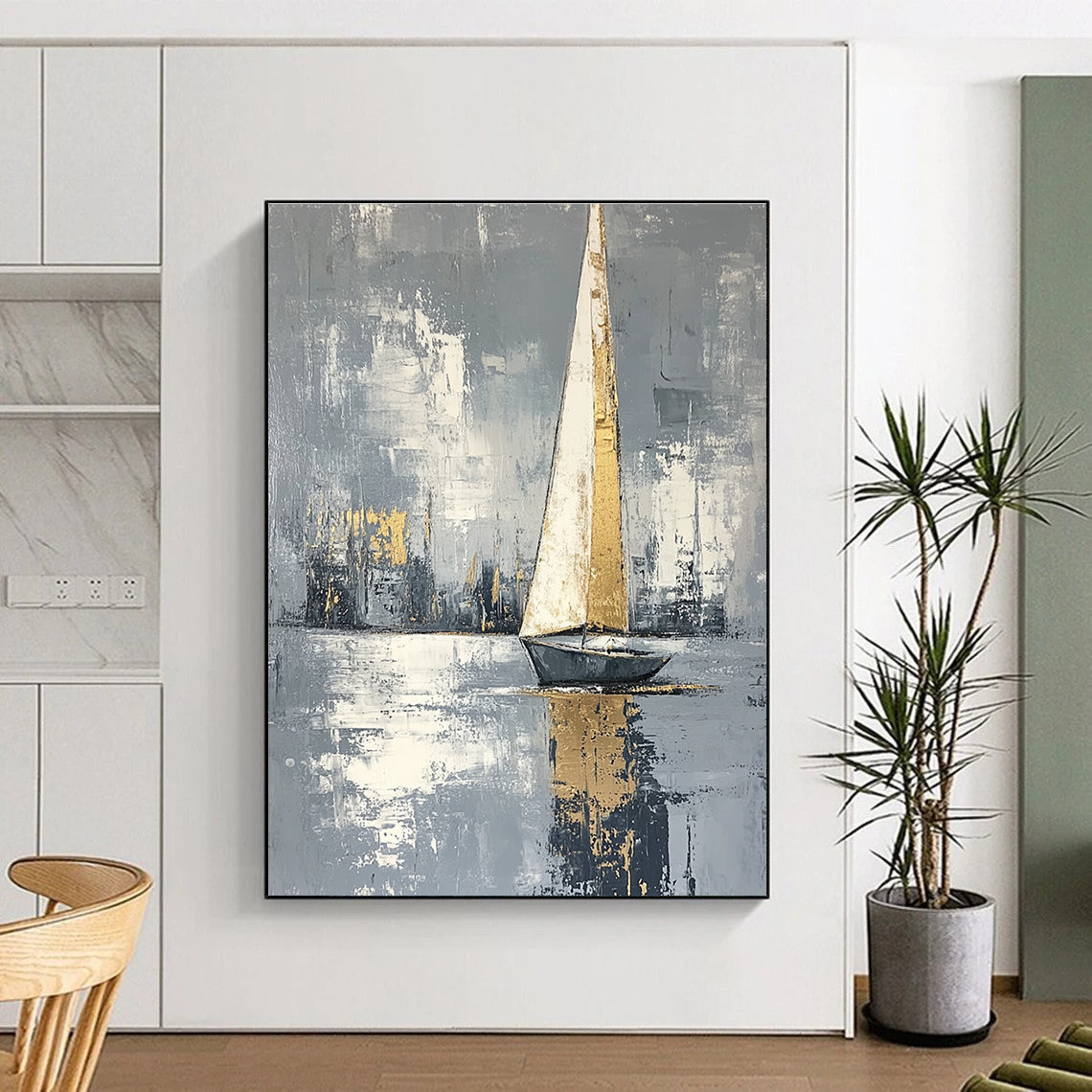 Golden Sailboat on Gray Water Art for Modern Coastal Office & Elegant Home Library STSC1420