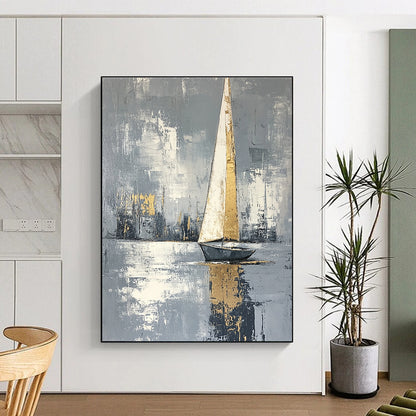 Golden Sailboat on Gray Water Art for Modern Coastal Office & Elegant Home Library STSC1420