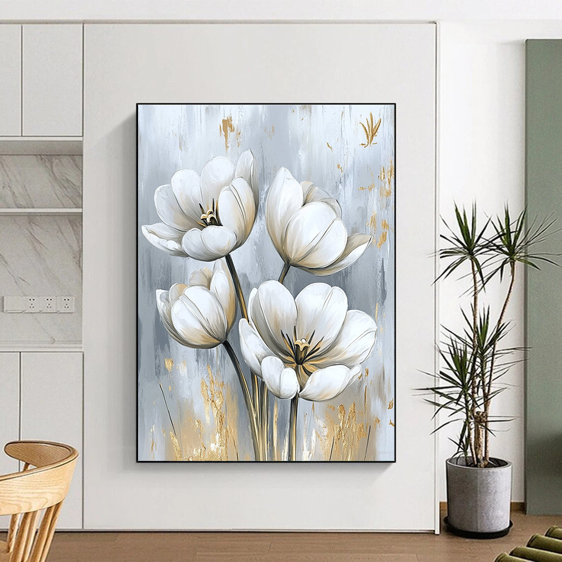 White Tulip Bouquet Classic Floral Art for Traditional Home & Refined Home Living Room STSC1478