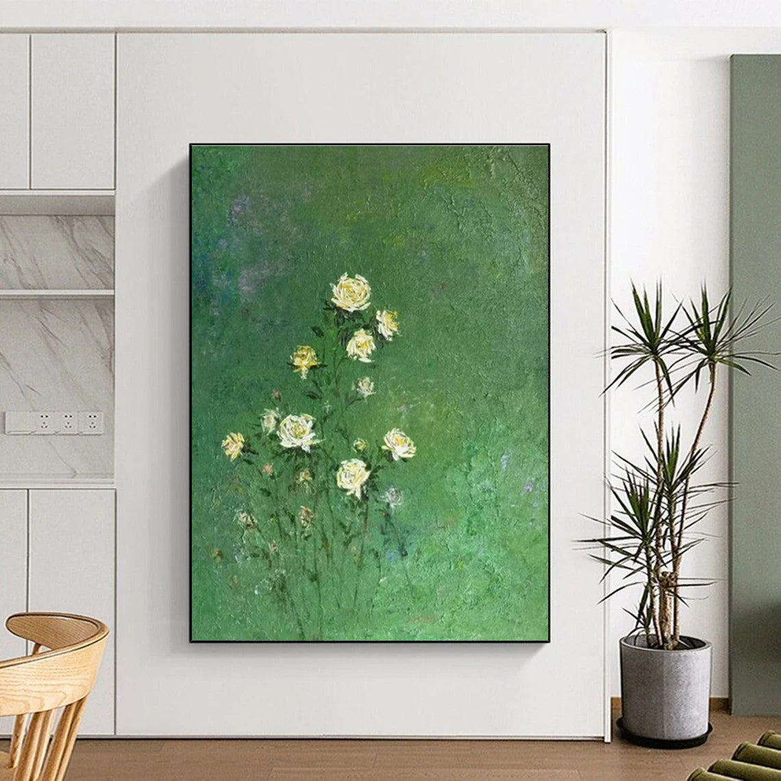 Yellow Flowers on Green Oil Painting for Dining Room & Garden Café DLZ0587